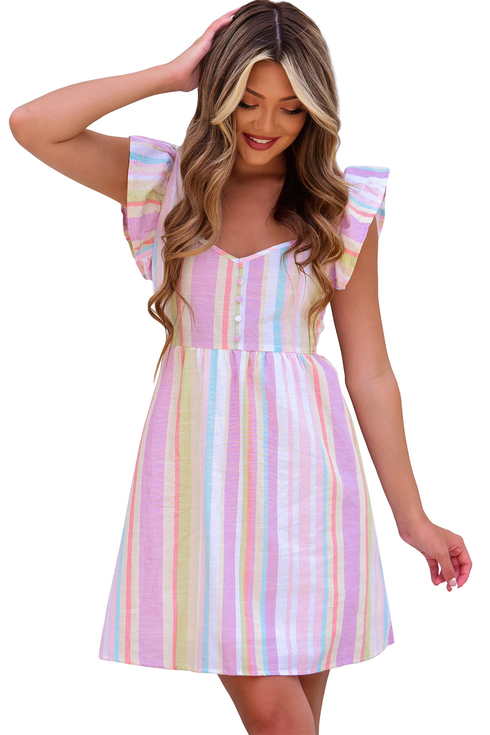 Multicolor Striped Tiered Ruffle Cap Sleeve Top