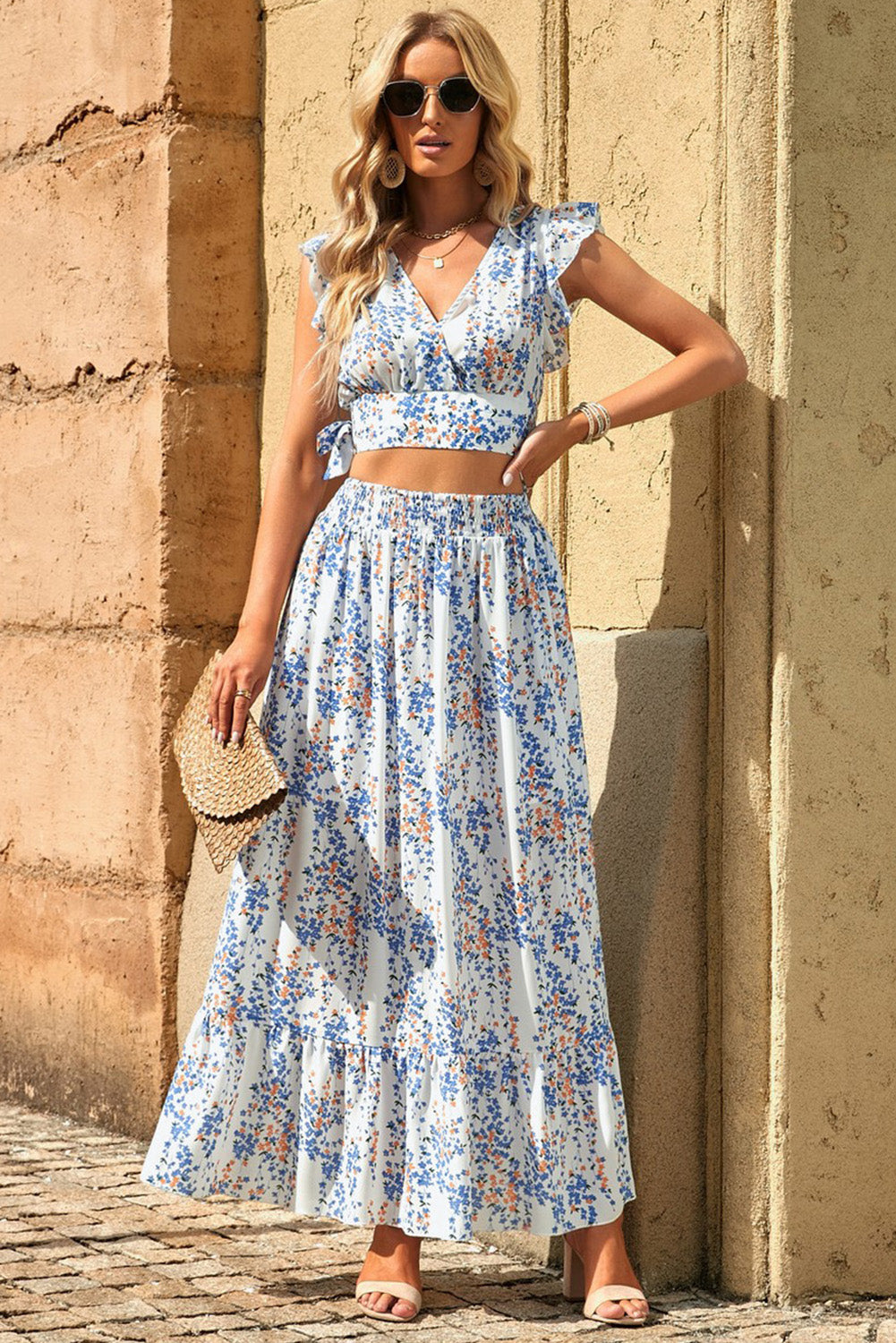 Multicolor Floral Ruffled Crop Top and Maxi Skirt Set