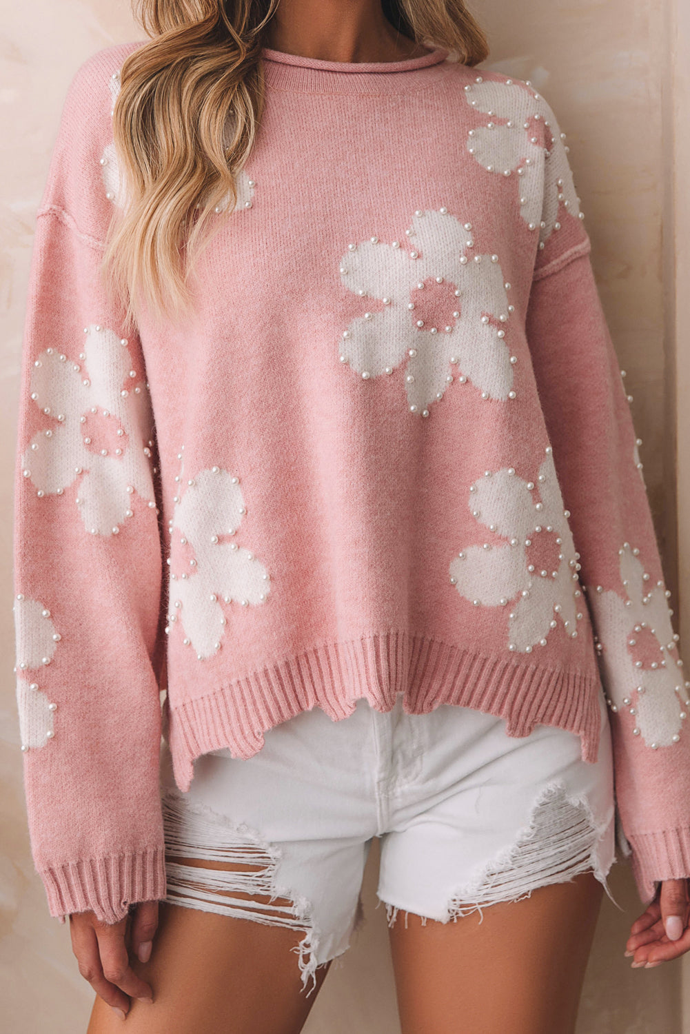 Bonbon Pearl Beaded Floral Drop Shoulder Sweater