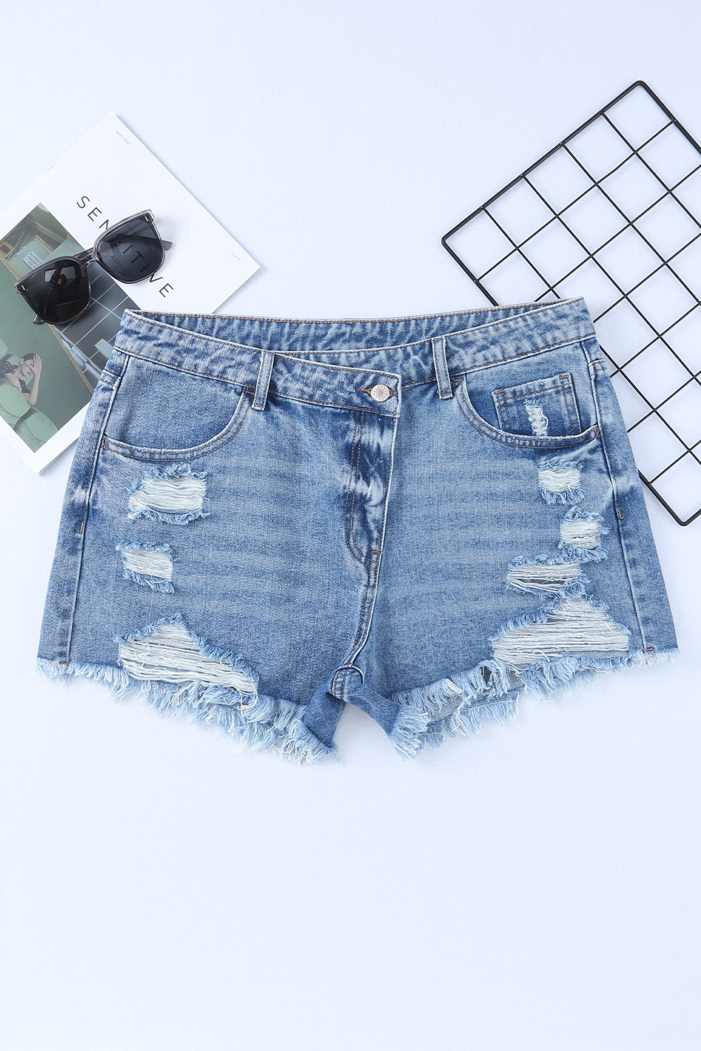 High Rise Crossover Waist Denim Shorts