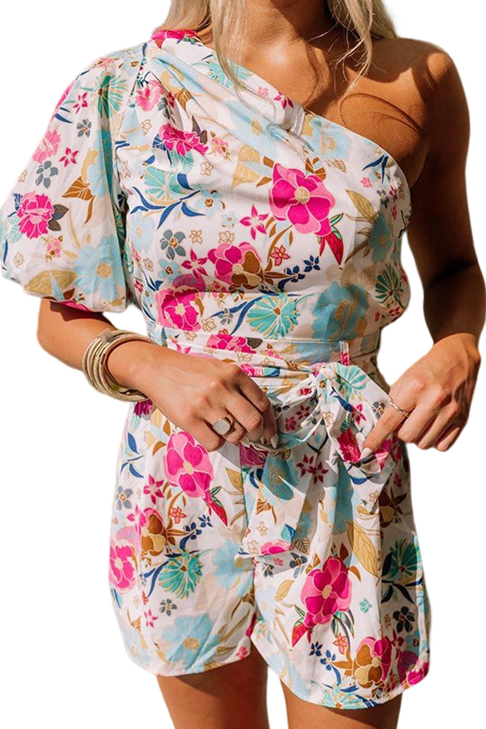 Floral Single Bubble Sleeve Slant Shoulder Romper