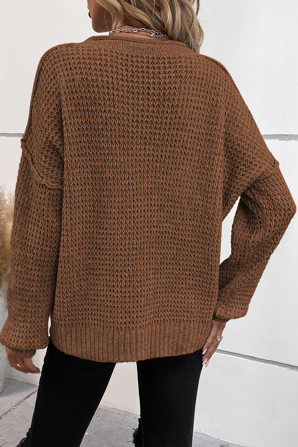 Pointelle Knit Button V Neck Drop Shoulder Sweater