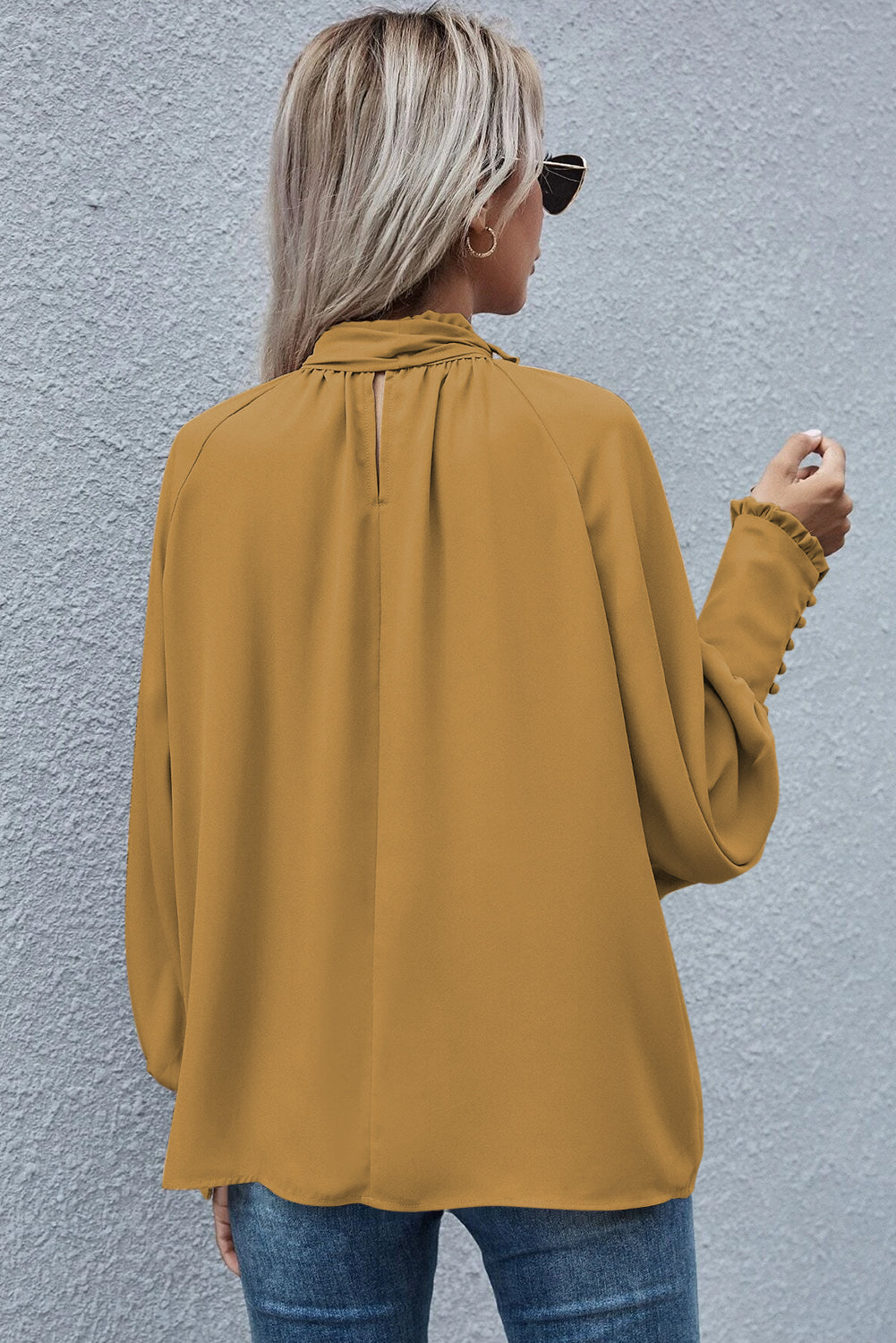 Frilled Knotted Mock Neck Bishop Sleeve Blouse