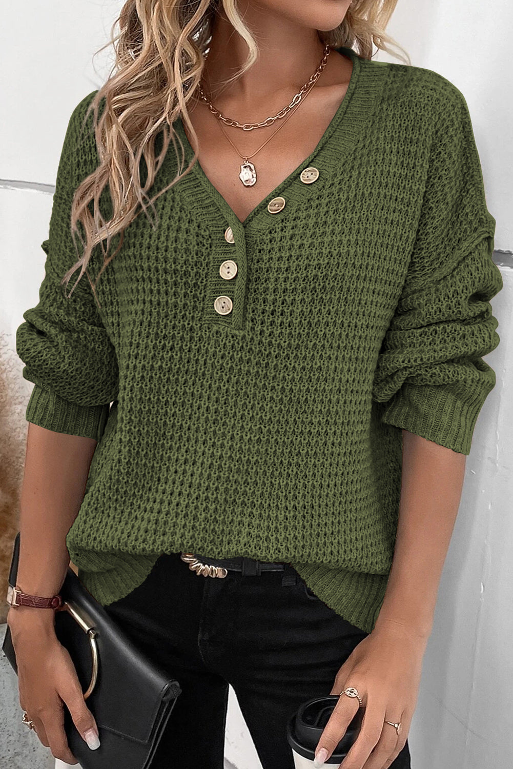 Pointelle Knit Button V Neck Drop Shoulder Sweater