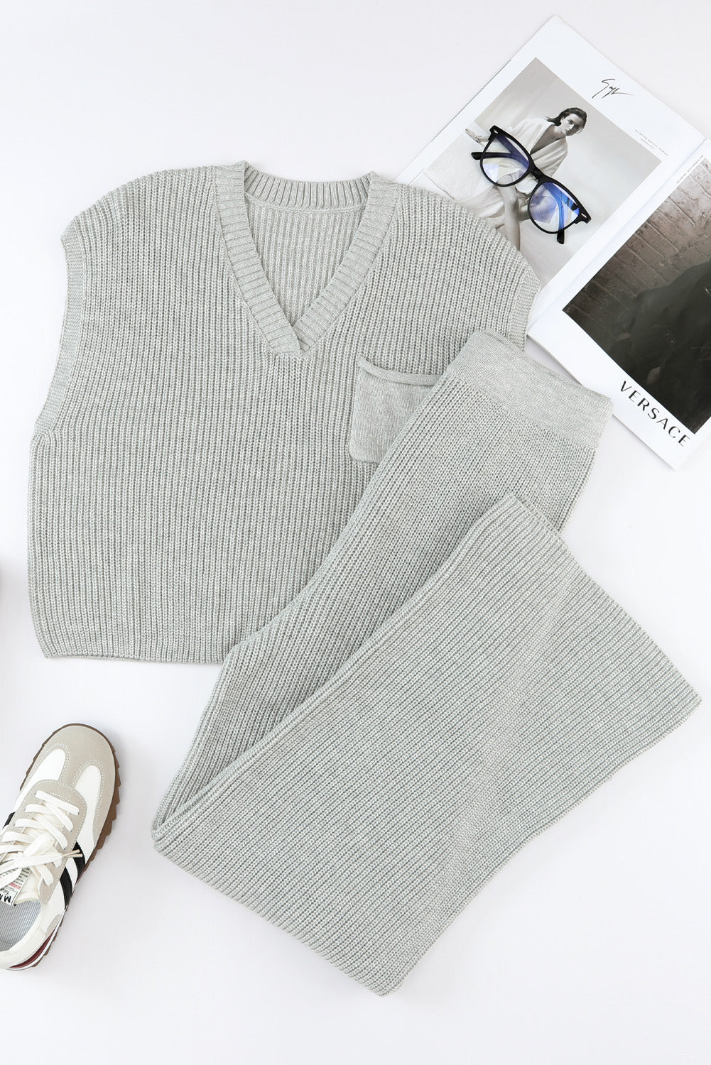 Green Knitted V Neck Sweater and Casual Pants Set