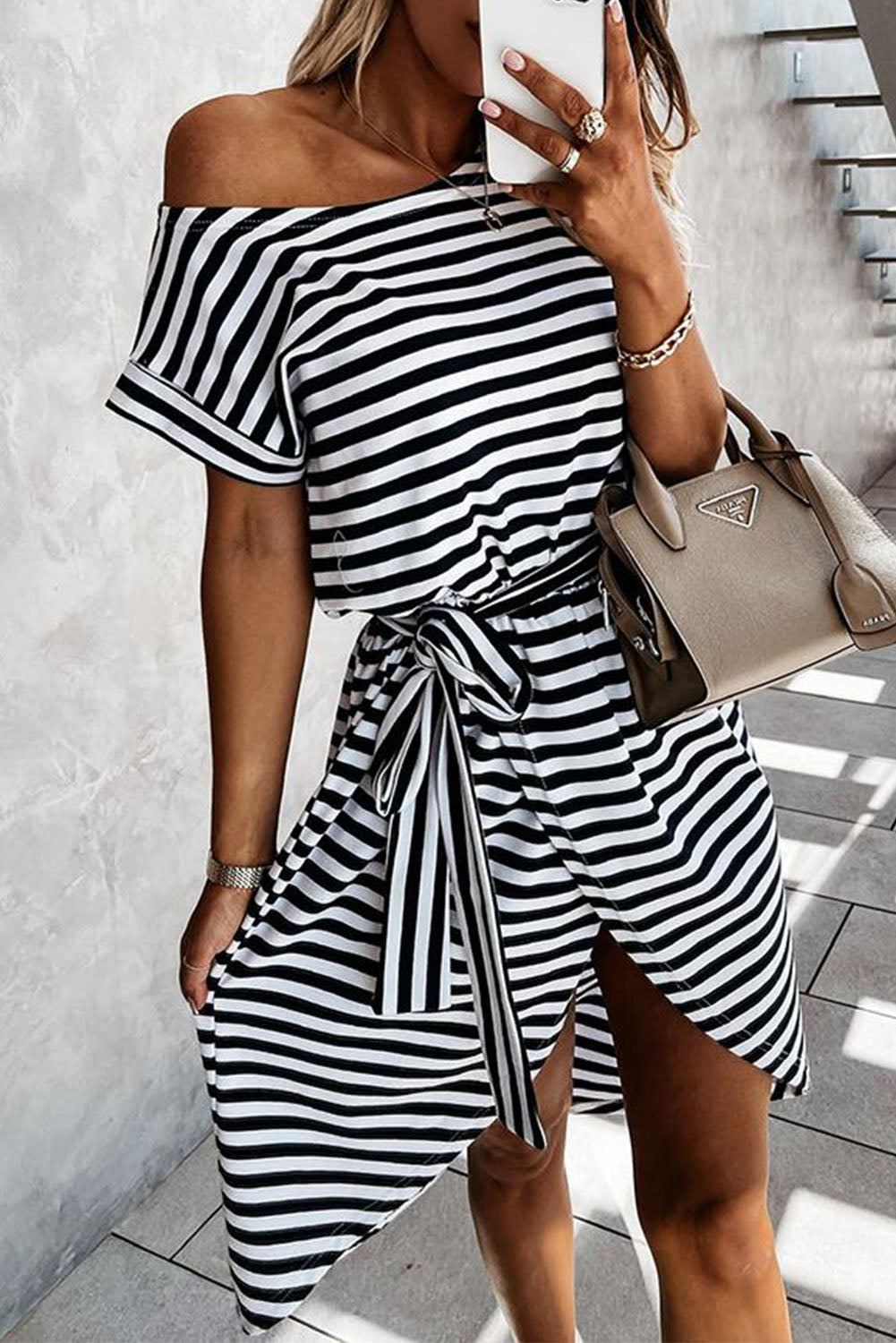 Stripe Short Sleeve Belted Wrapped Hemline T-Shirt Dress