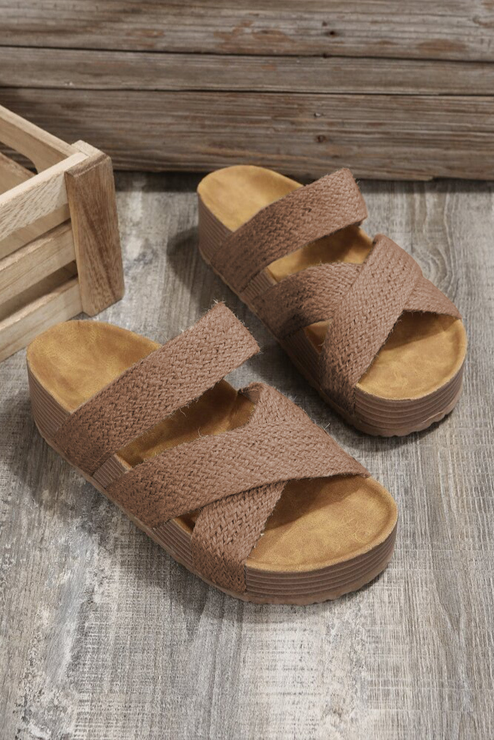 Beige Linen Woven Cross Criss Hollowed Slip-On Slippers