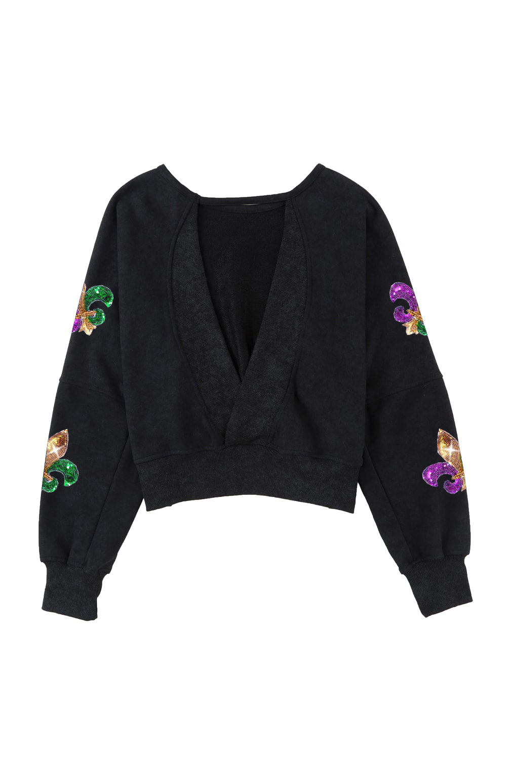 Black Mardi Gras Sequin Fleur De Lis Open Back Sweatshirt