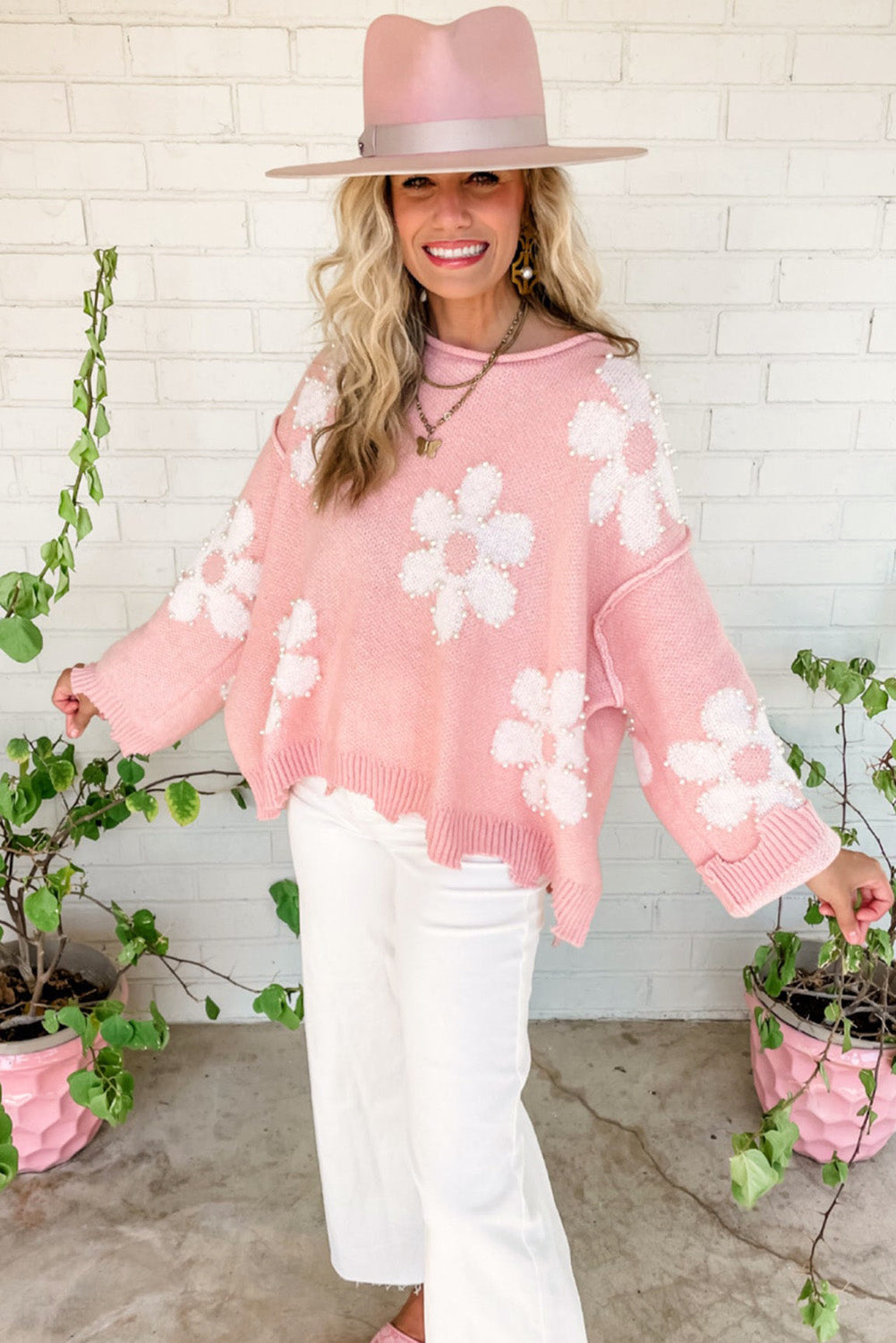 Bonbon Pearl Beaded Floral Drop Shoulder Sweater