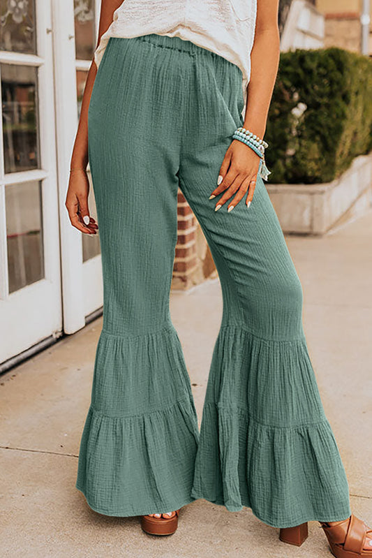 Textured High Waist Ruffled Bell Bottom Pants