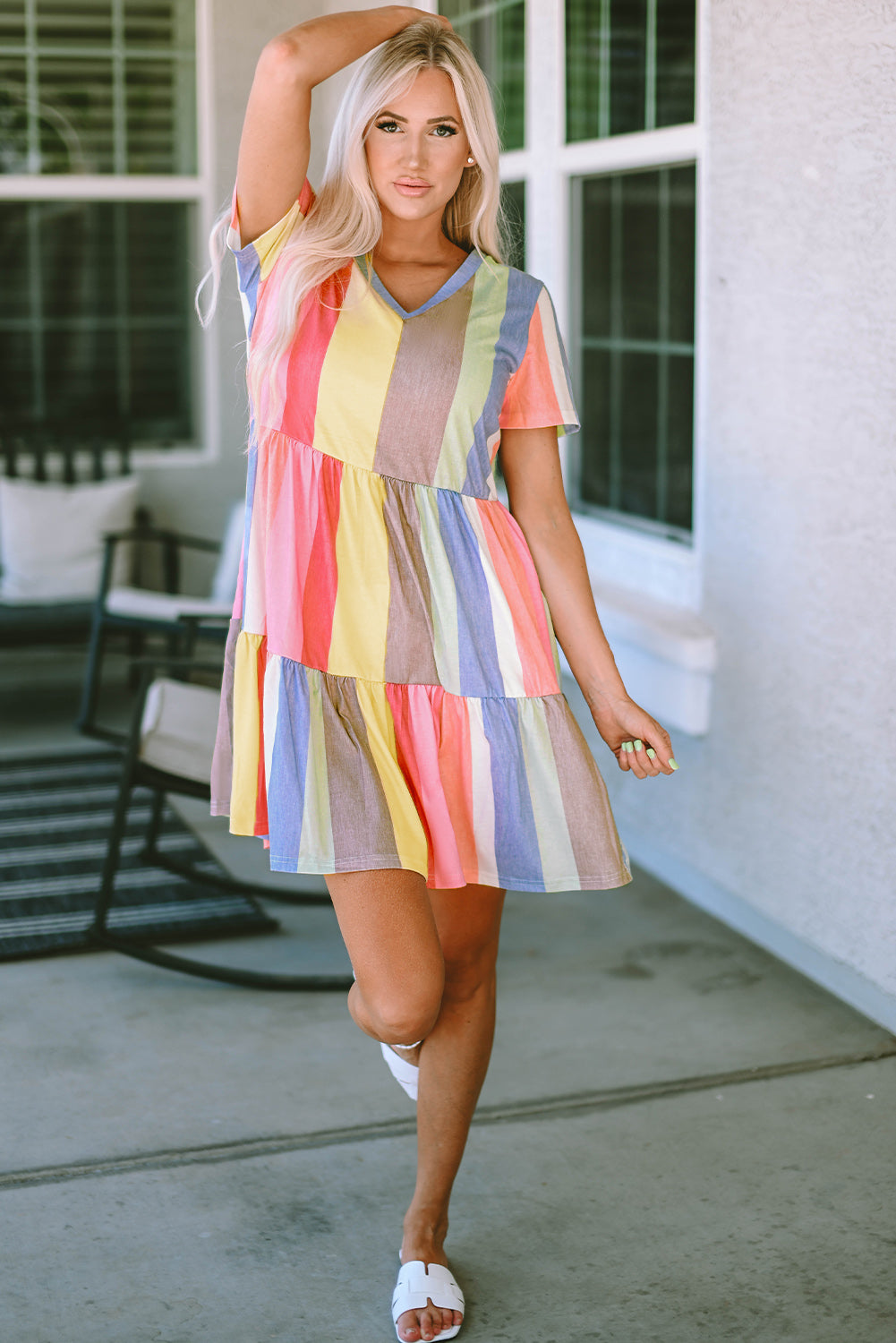 Multicolor Striped Color Block Tiered Mini Dress