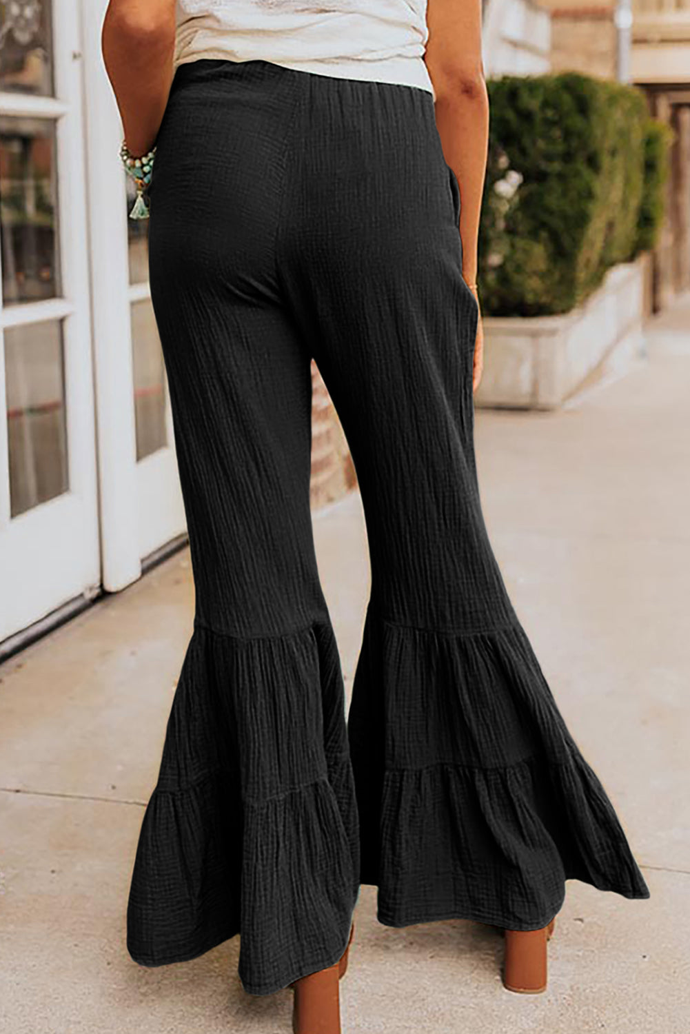 Textured High Waist Ruffled Bell Bottom Pants