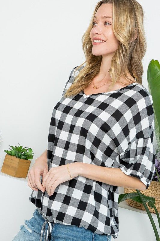 CHECKER PLAID CASUAL BLOUSE TOP