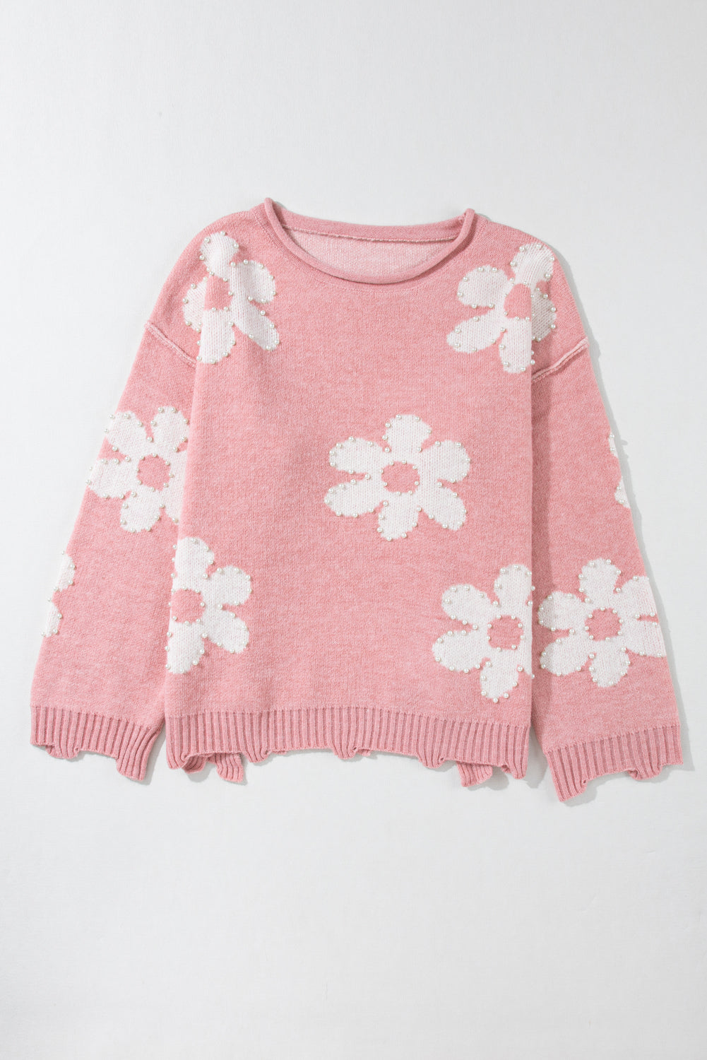 Bonbon Pearl Beaded Floral Drop Shoulder Sweater