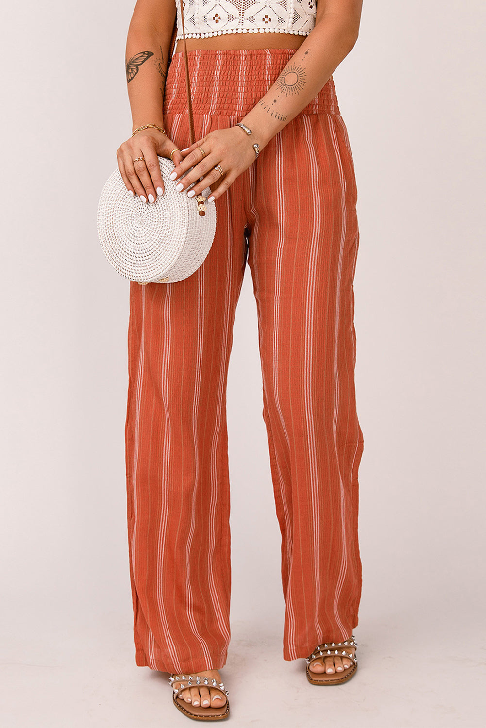 Striped Shirred High Waist Straight Leg Pants