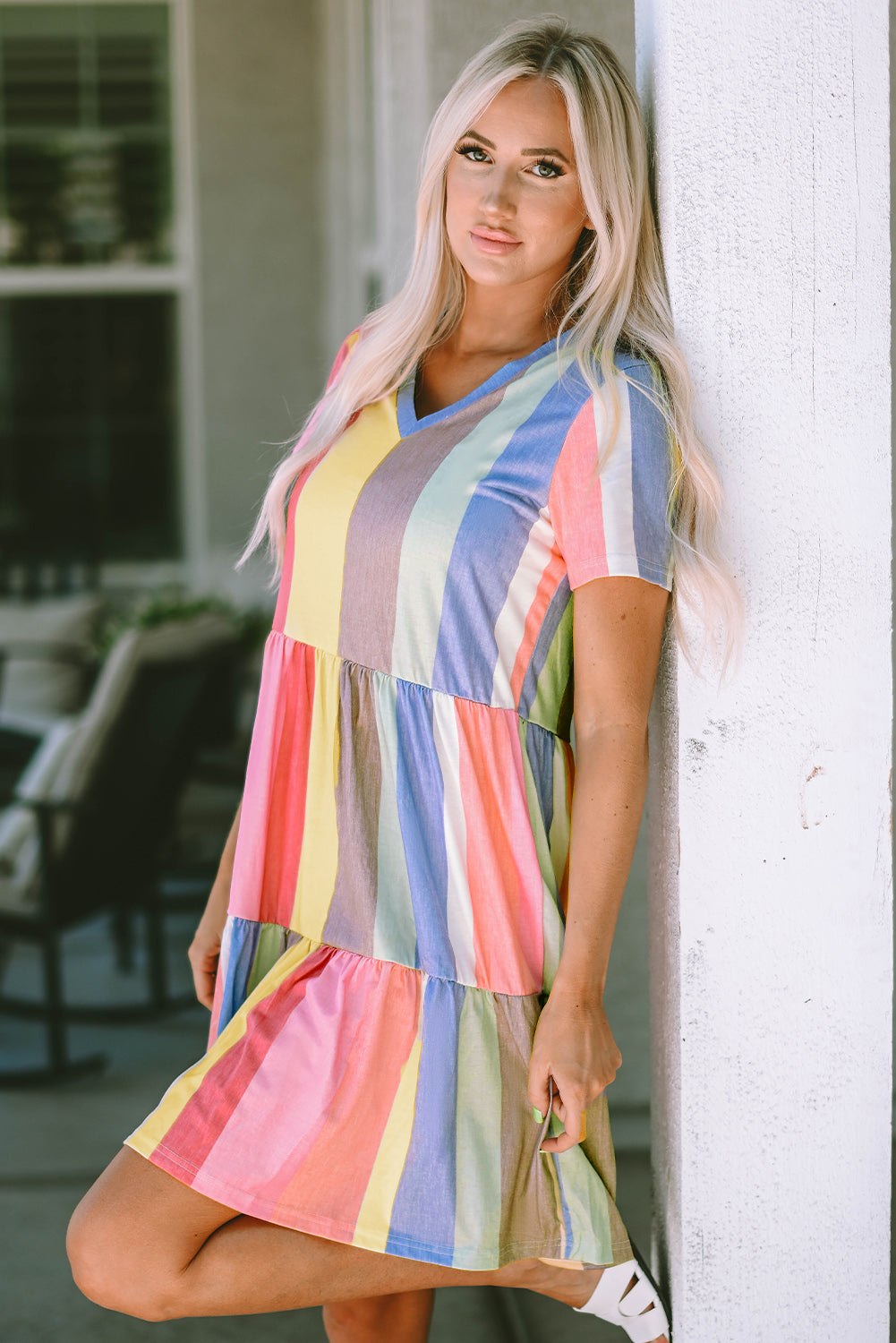 Multicolor Striped Color Block Tiered Mini Dress