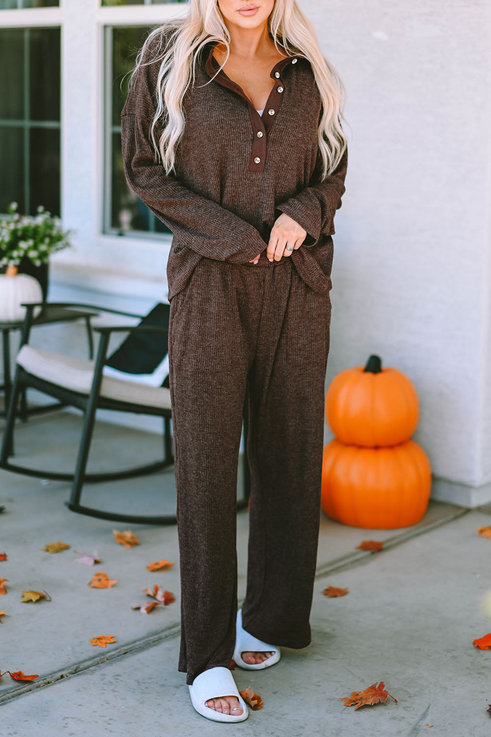 Green Ribbed Knit Collared Henley Top and Pants Lounge Outfit