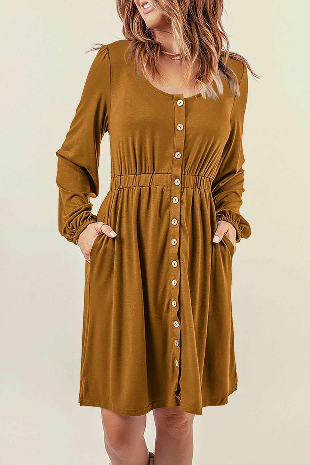 Button Up High Waist Long Sleeve Dress