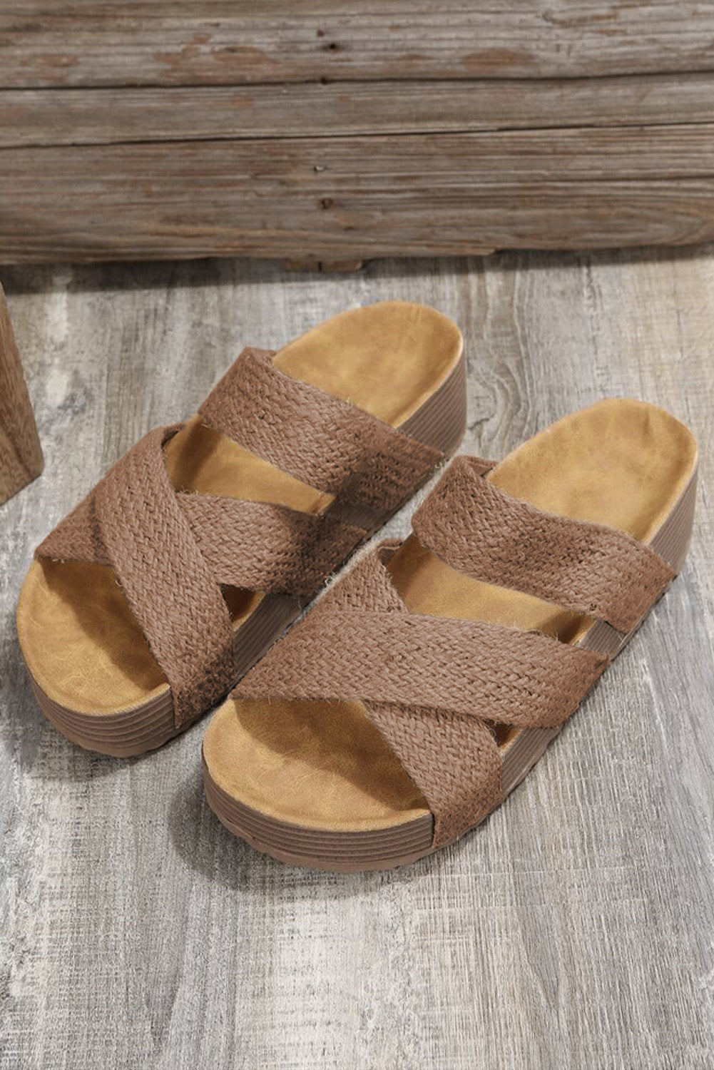 Beige Linen Woven Cross Criss Hollowed Slip-On Slippers