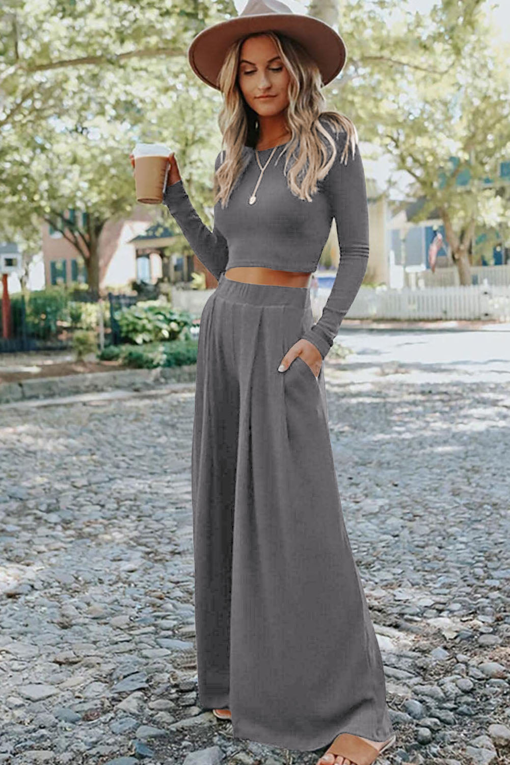 Black Solid Color Ribbed Crop Top Long Pants Set