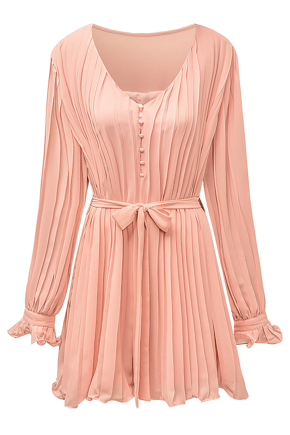 Pleated Ruffled Tie Waist Buttons V Neck Romper