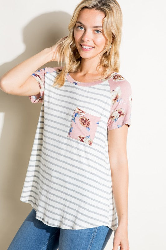 Plus Stripe Floral Mixed Pocket Top