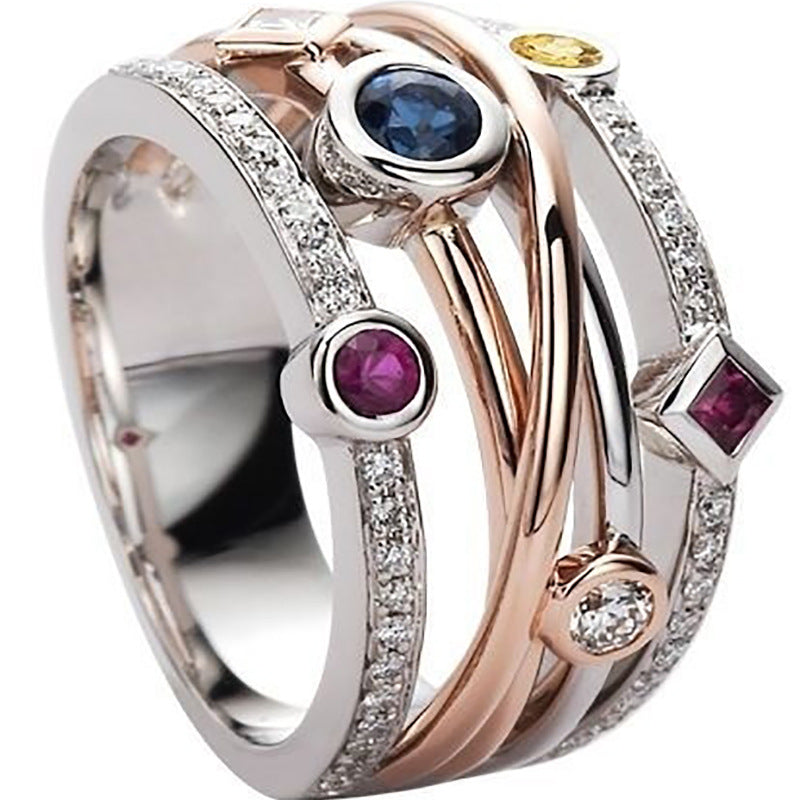 Fashionable Geometric Line Inlaid Multi-color Zircon Ring