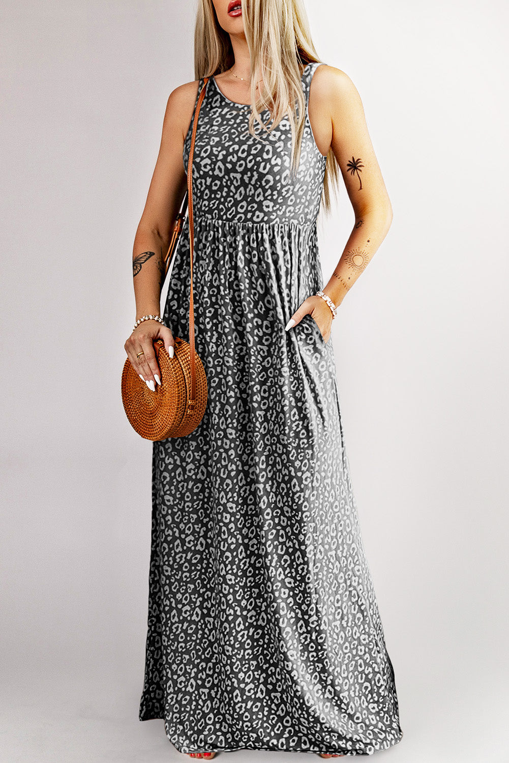 Leopard Print Pocketed Sleeveless Maxi Dress