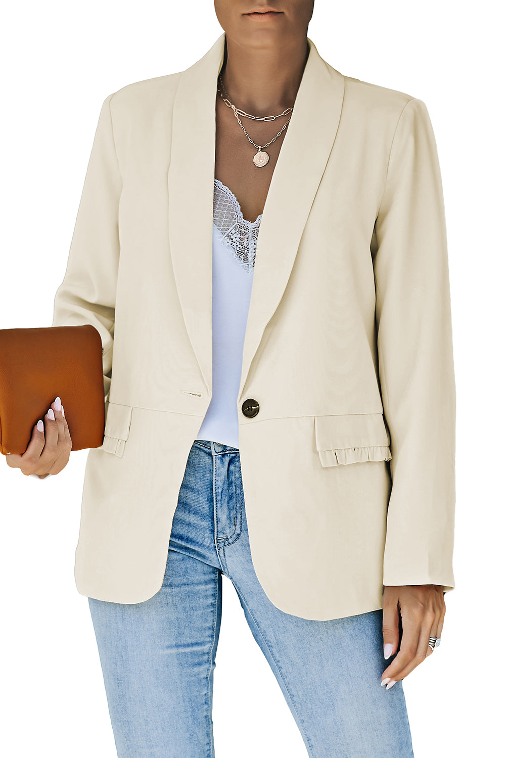 Beige Lapel Collar Button Pocket Blazer