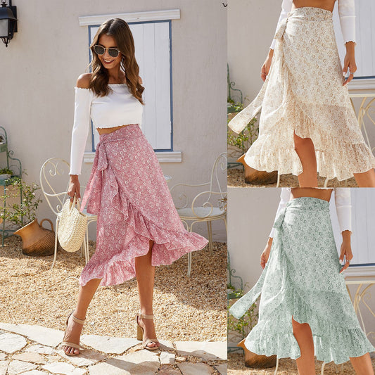 High Waist Knotted Tied Wrap Floral Ruffle Chiffon Split Skirt