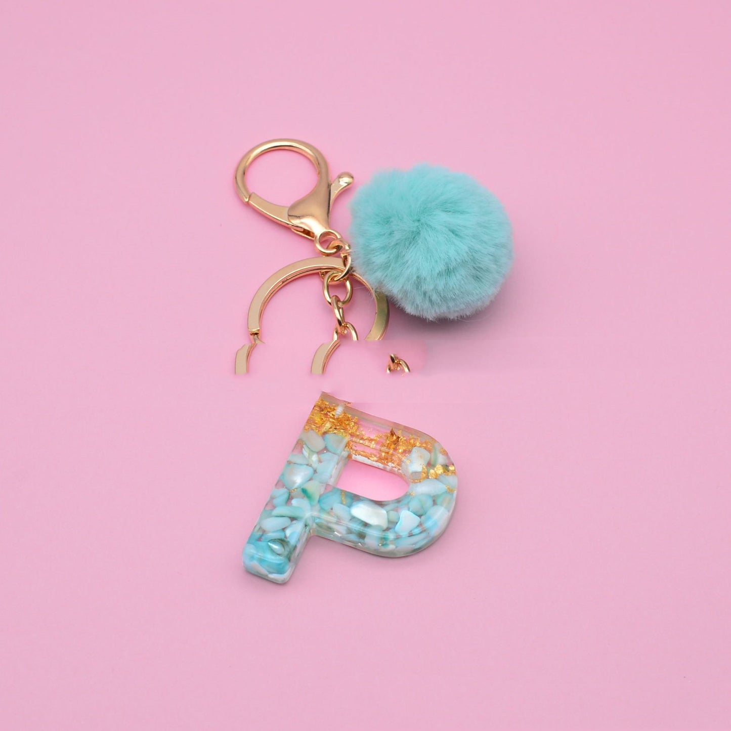 Turquoise Shell And Gold Foil Epoxy Alphabet Keychains