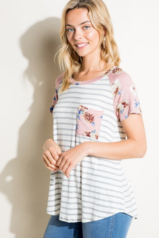 Plus Stripe Floral Mixed Pocket Top