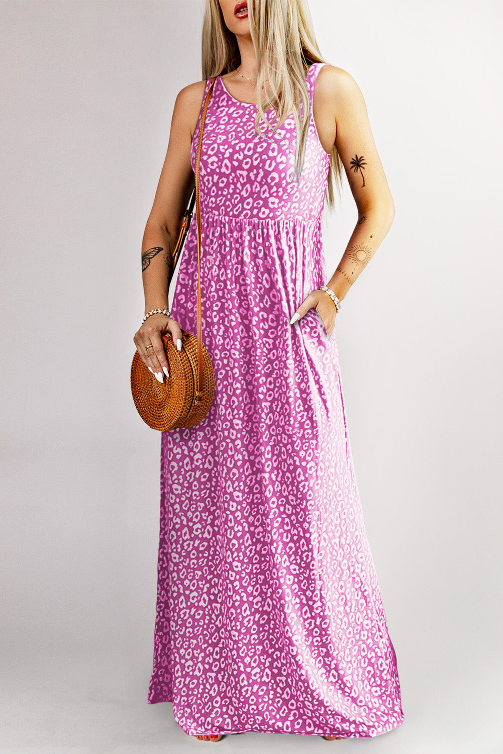 Leopard Print Pocketed Sleeveless Maxi Dress