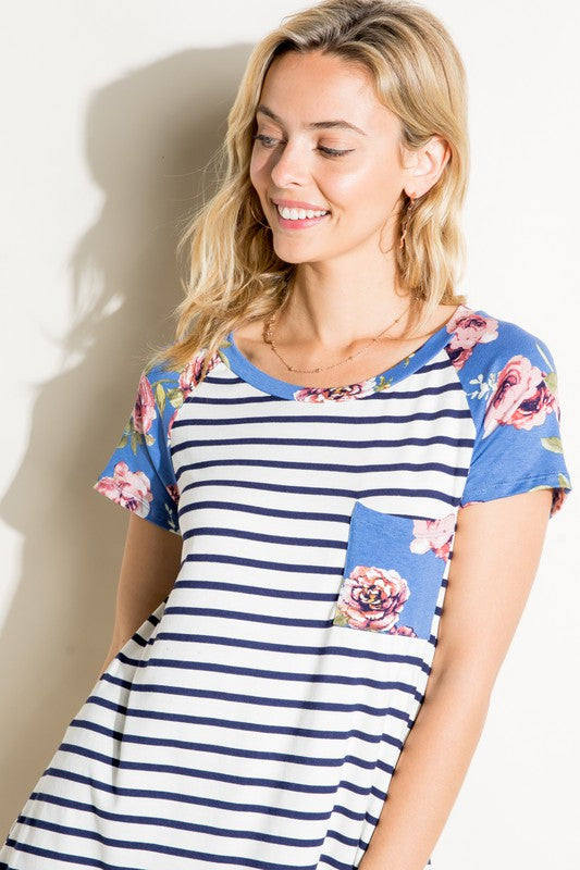 Plus Stripe Floral Mixed Pocket Top