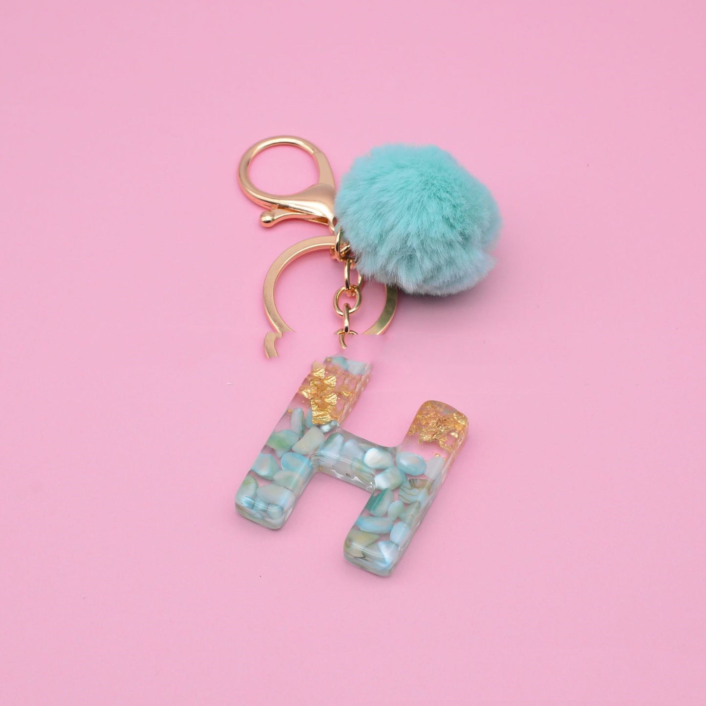 Turquoise Shell And Gold Foil Epoxy Alphabet Keychains