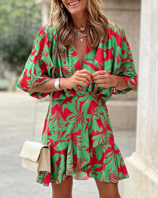 Lotus Leaf Printed Deep V Puff Sleeves