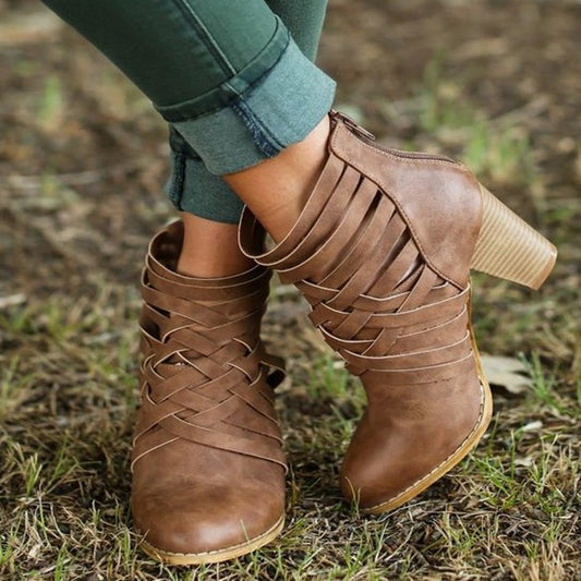 Thick Heel Weaved Hollow Short Boots