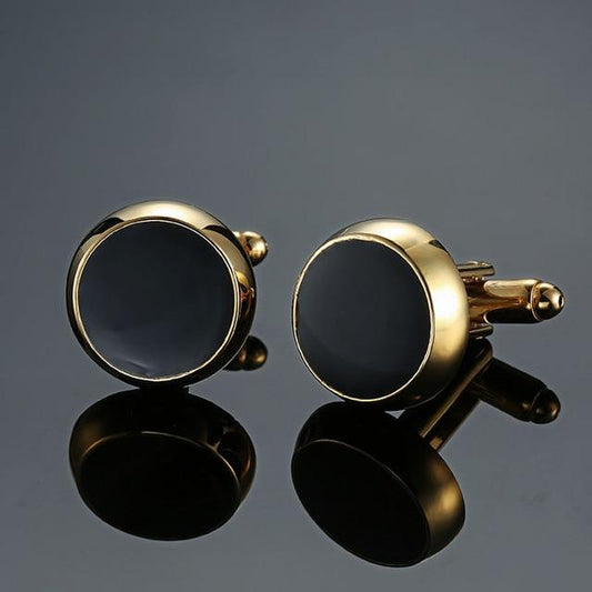 Simple Gold Round Black Enamel Cufflinks