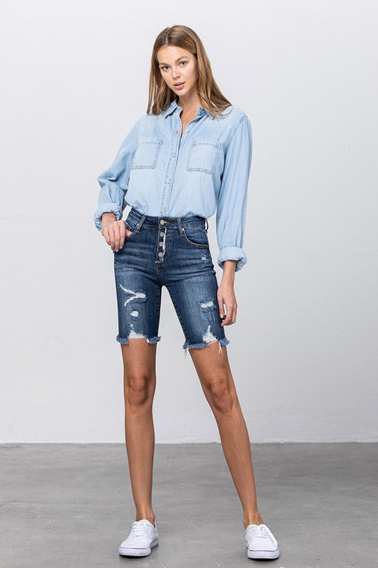 High Rise Bermuda Denim Shorts