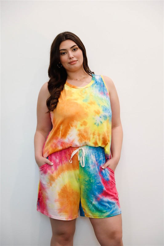 Women's & Plus Size Tie-Dye Sleeveless Tank Top & Shorts Set