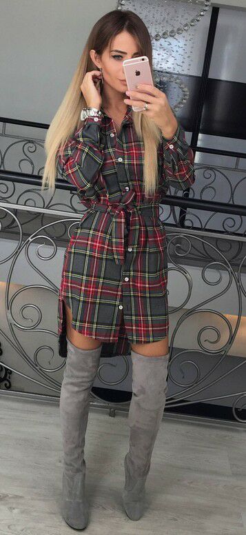 Plaid Shirt Dress With Belt