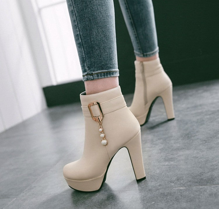 Pearl Tassel Thick Heel Boots