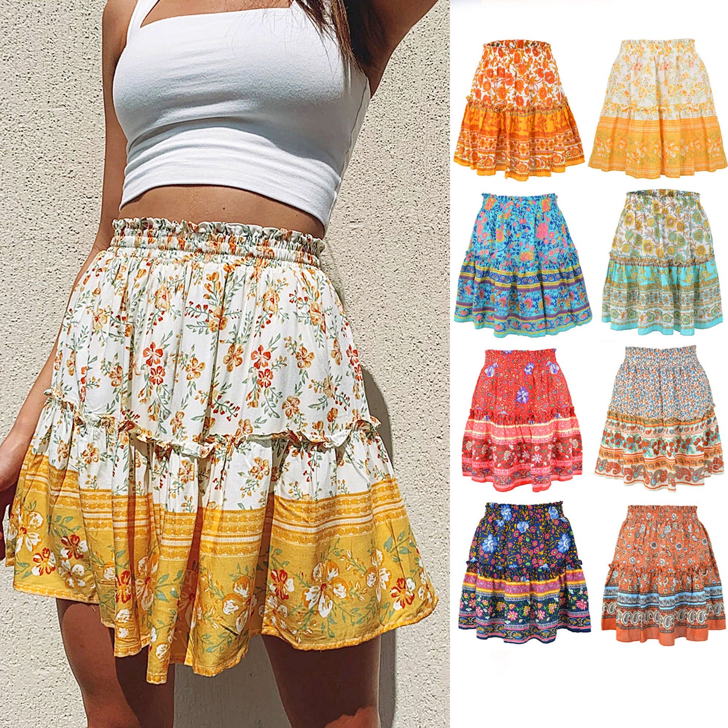 Bohemian Flower Print High Waist Ruffle Skirt