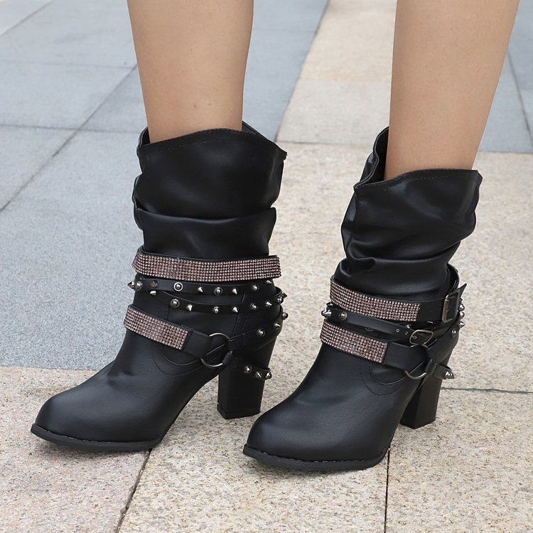 Rhinestone Belt Buckle Round Toe Leather Boots