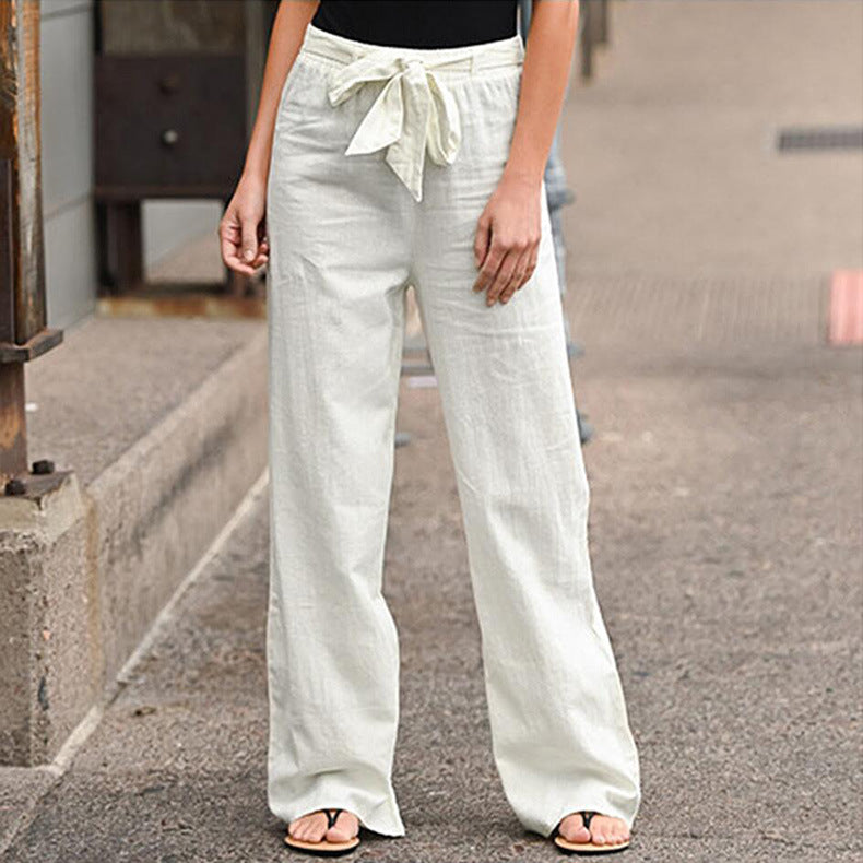 Elastic Waist Solid Color Cotton And Linen Wide-leg Loose Pants