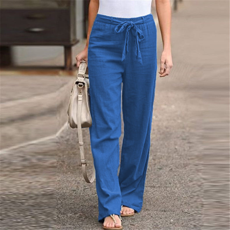 Elastic Waist Solid Color Cotton And Linen Wide-leg Loose Pants