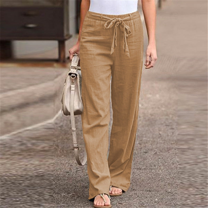 Elastic Waist Solid Color Cotton And Linen Wide-leg Loose Pants