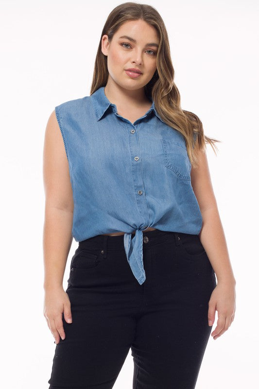 Sleeveless Button Down Tie Front Chambray Shirts