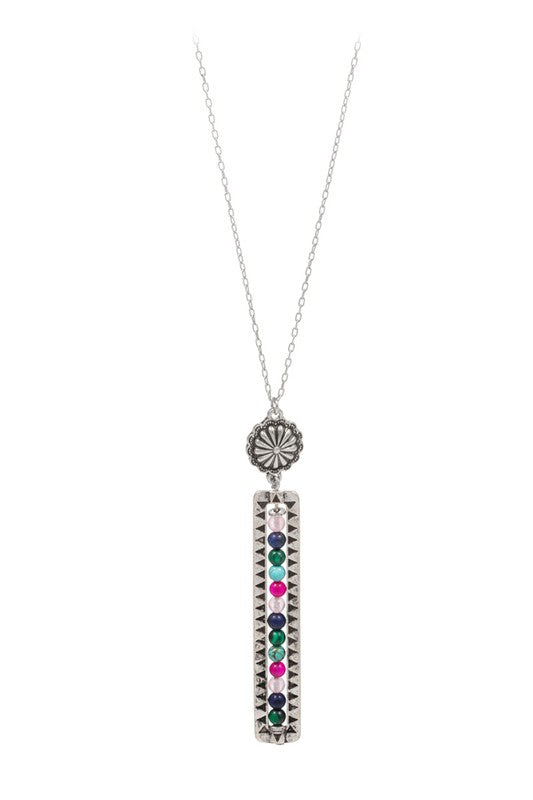 Long Rectangular Shape Beaded Pendant Necklace