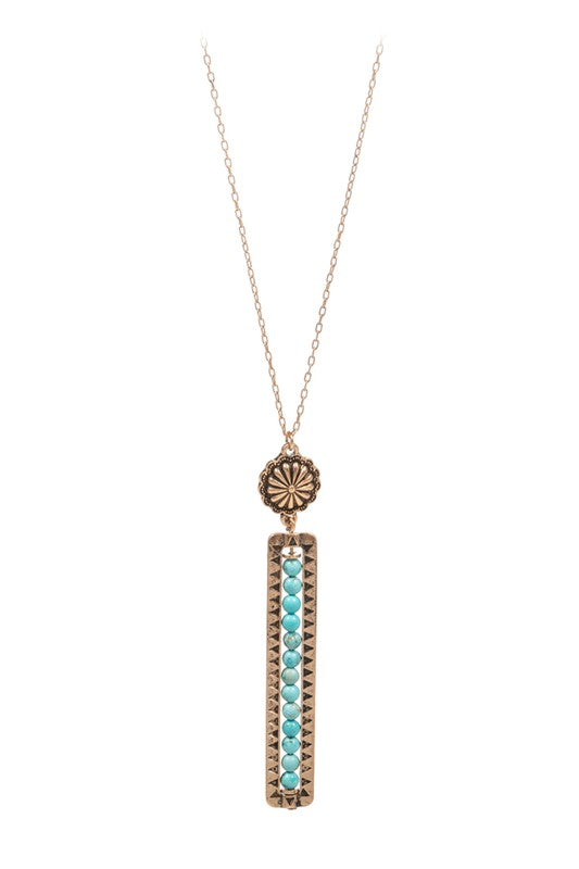 Long Rectangular Shape Beaded Pendant Necklace